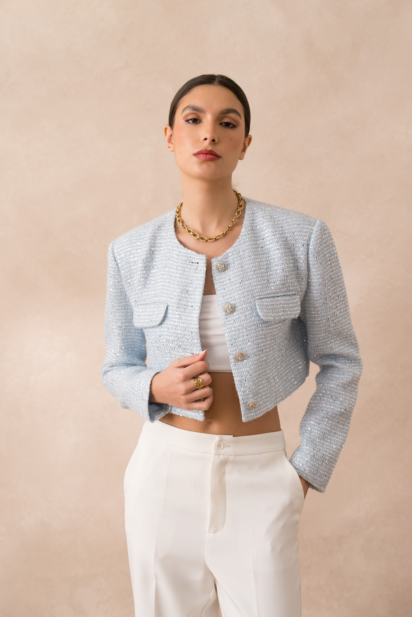 Wholesaler Attentif - Short collarless sequin tweed jacket