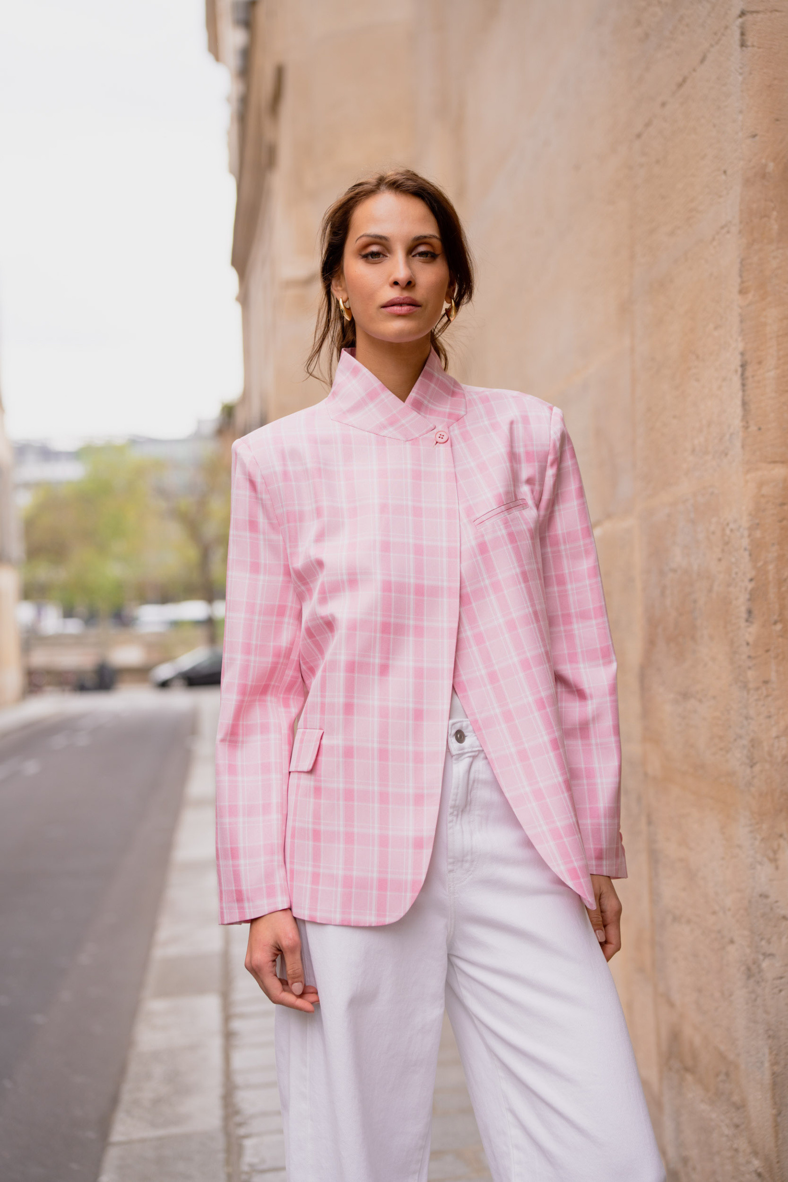 Grossiste Attentif - Veste tailleur à carreaux avec col officier repli
