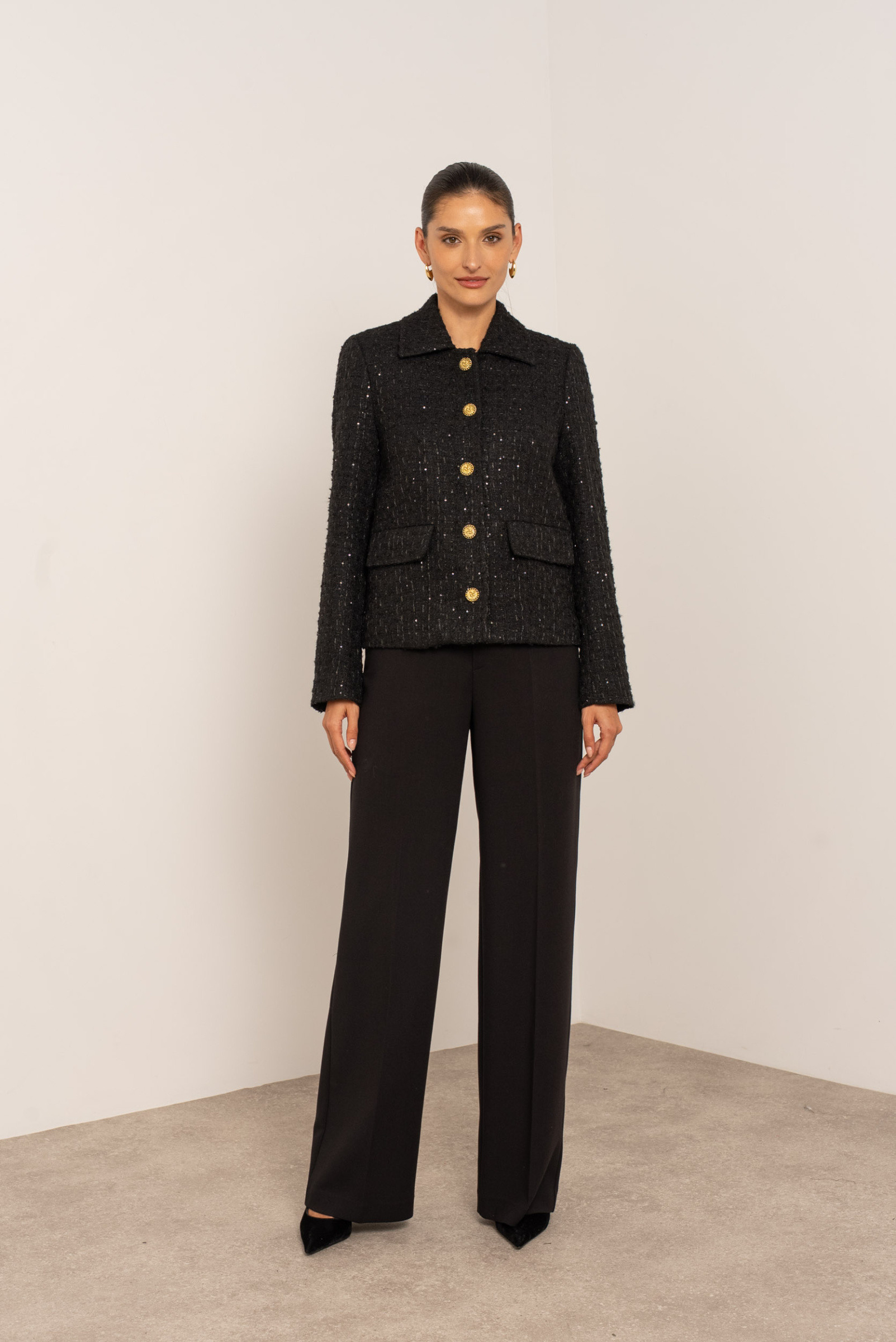 Grossiste Attentif - Veste droite en tweed à boutons dorées