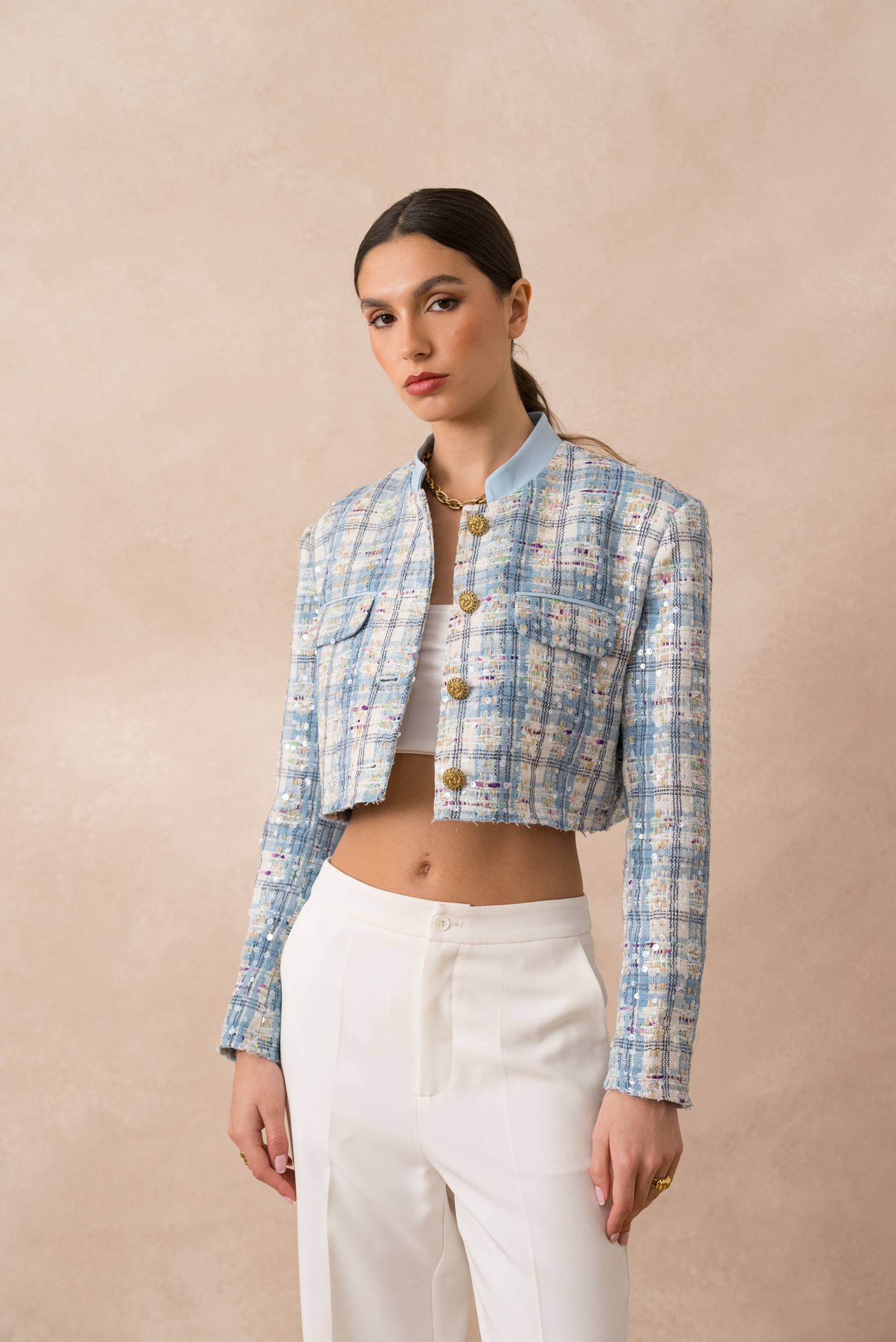 Wholesaler Attentif - Sky blue plaid short tweed jacket with sequins