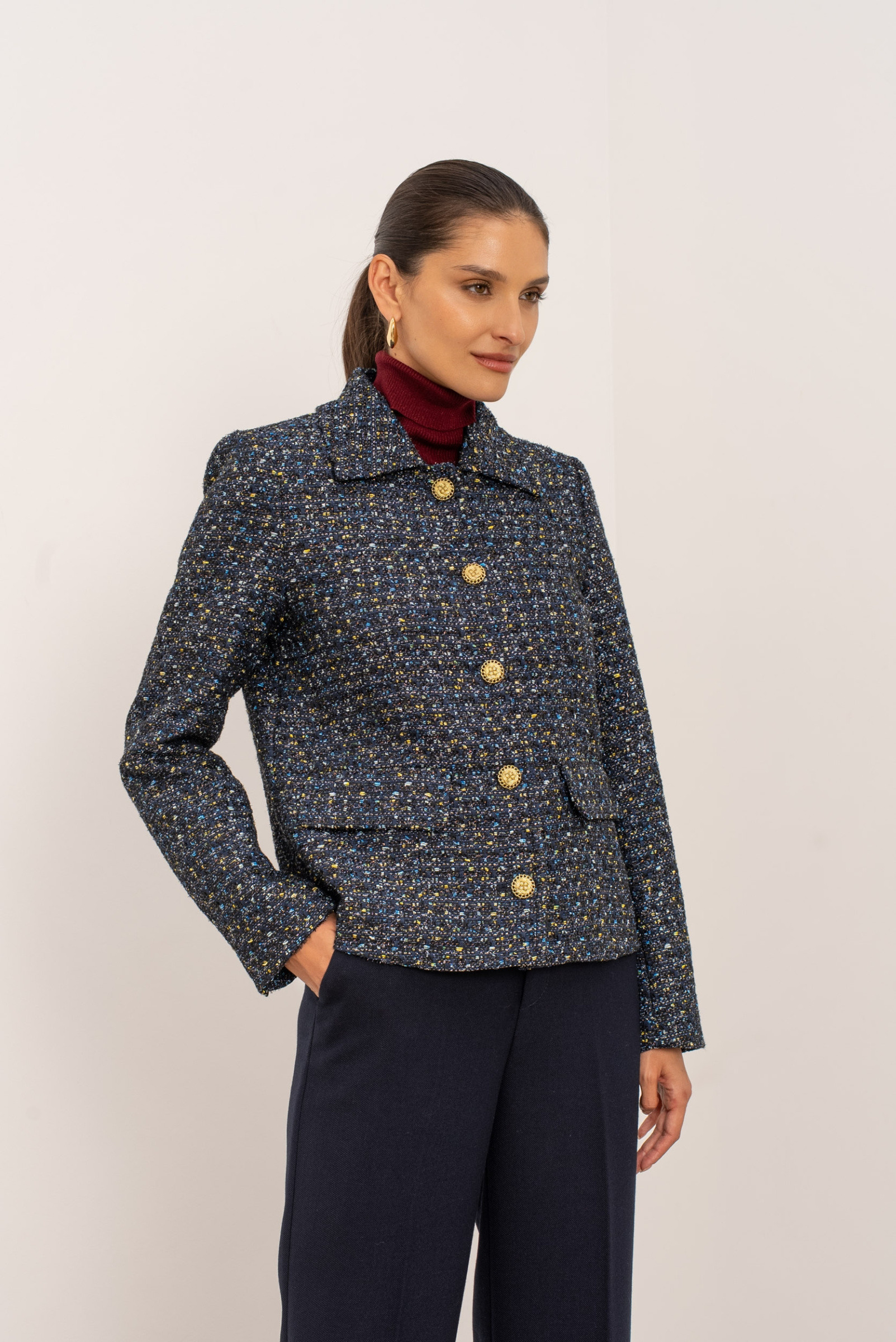 Grossiste Attentif - Veste courte en tweed scintillante marine coupe droite