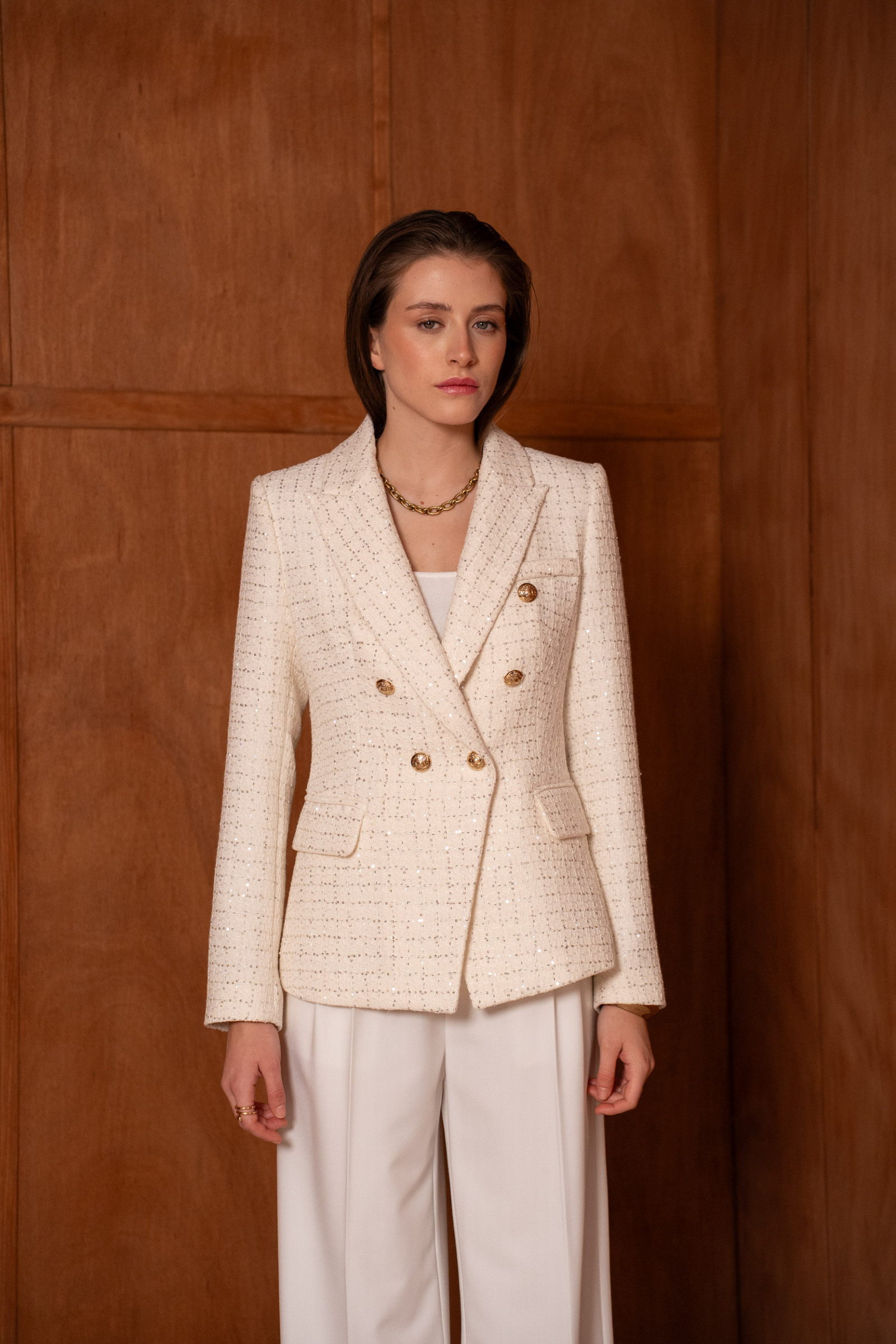 Wholesaler Attentif - Fitted double-breasted tweed blazer with subtle threads