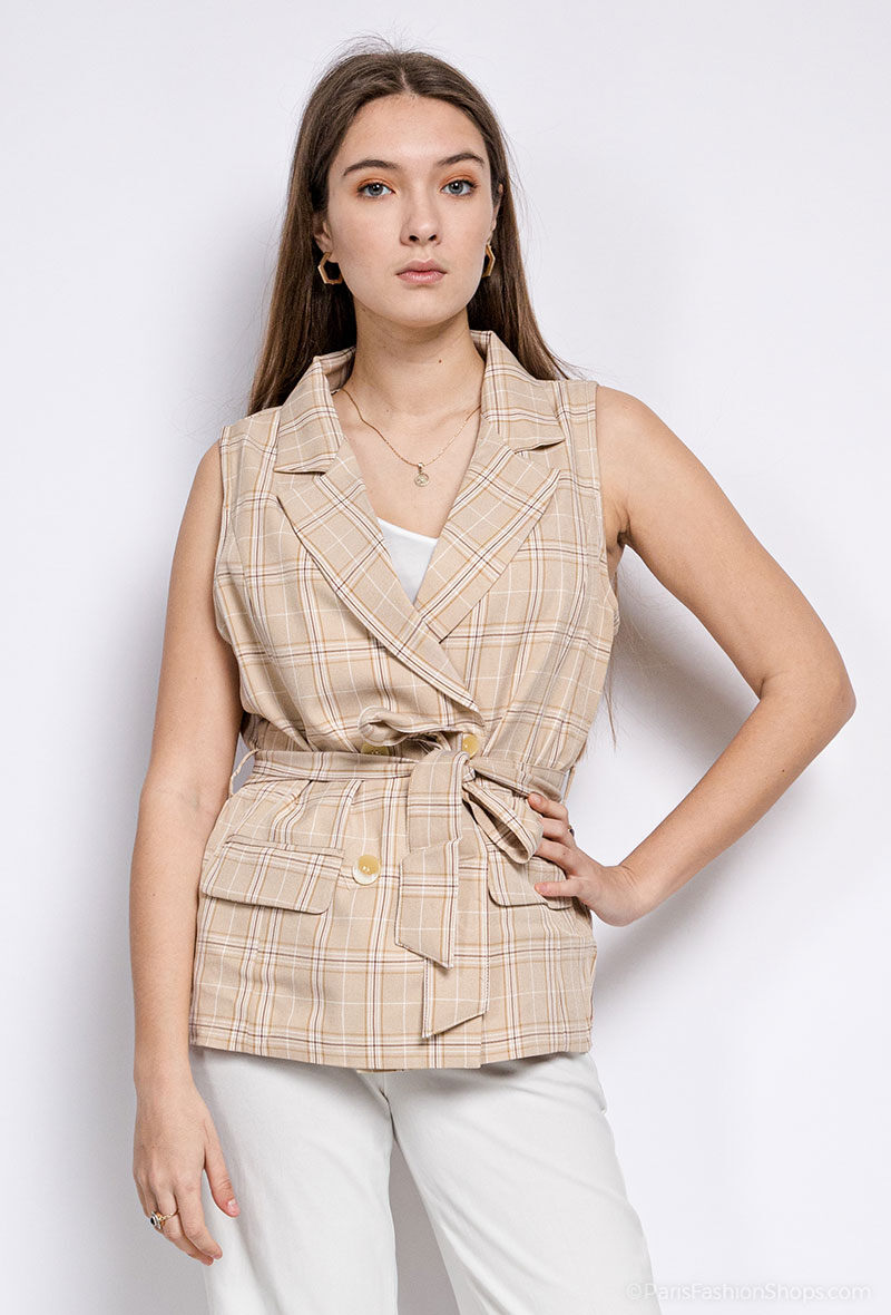 Mayorista Attrait Paris - Chaleco de blazer sin mangas con estampado de cuadros