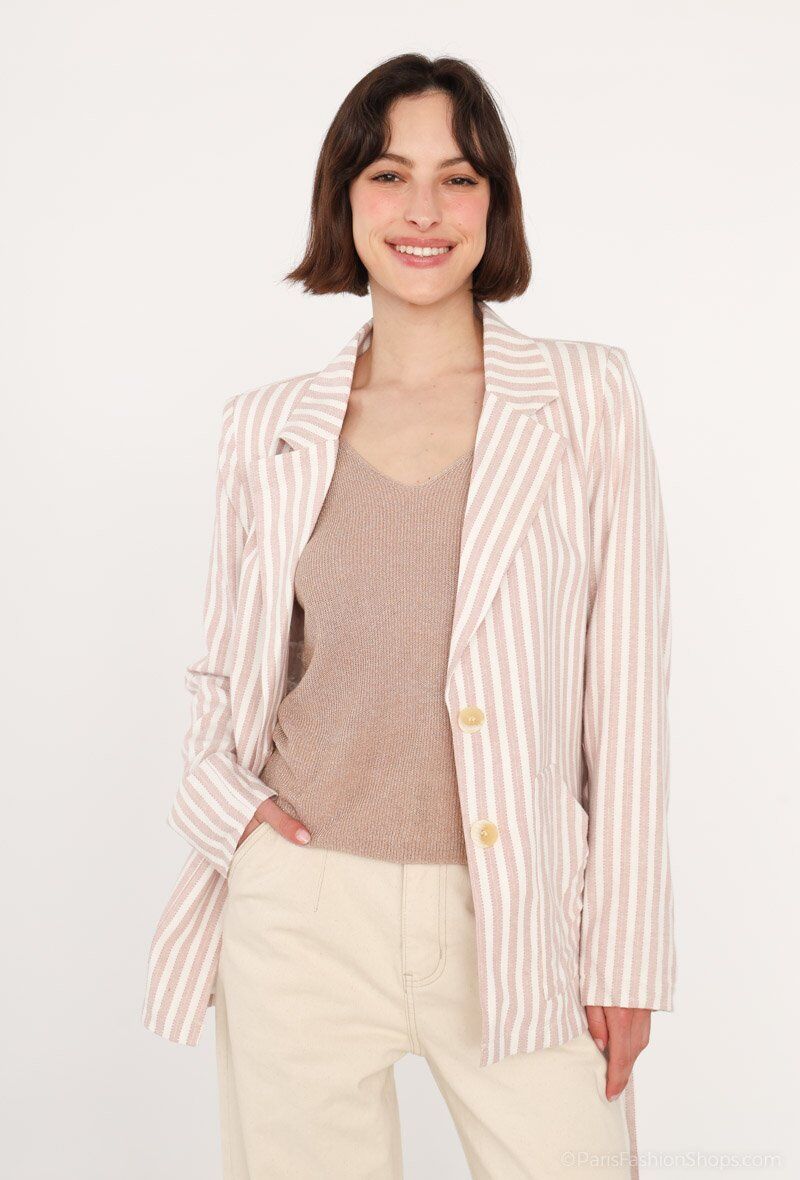 Mayorista Attrait Paris - Blazer de mezcla de lino a rayas con cinturón