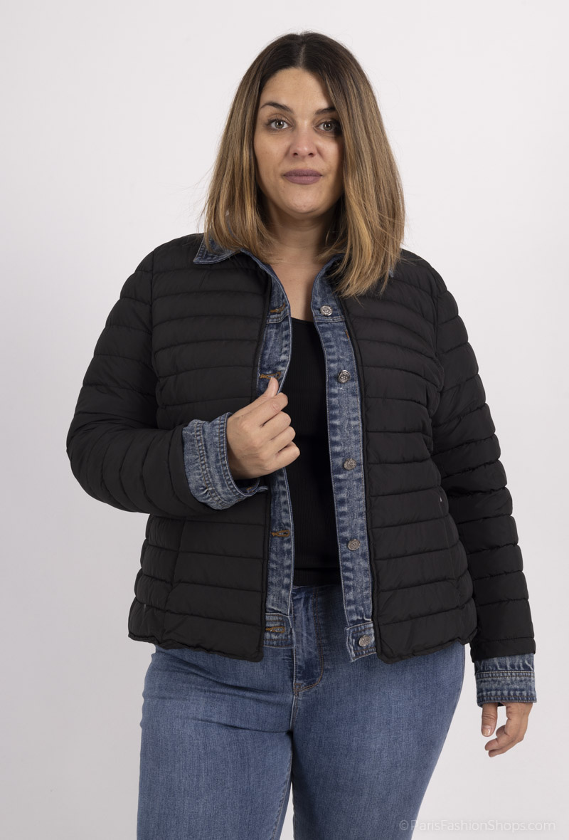 Wholesaler Attrait Paris - Bi-material denim padded jacket with large size shirt collar