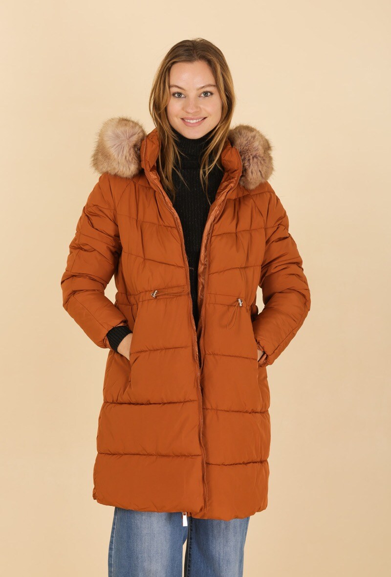 Wholesaler Attrait Outlet - Long oversized puffer jacket with hood and removable faux-fur