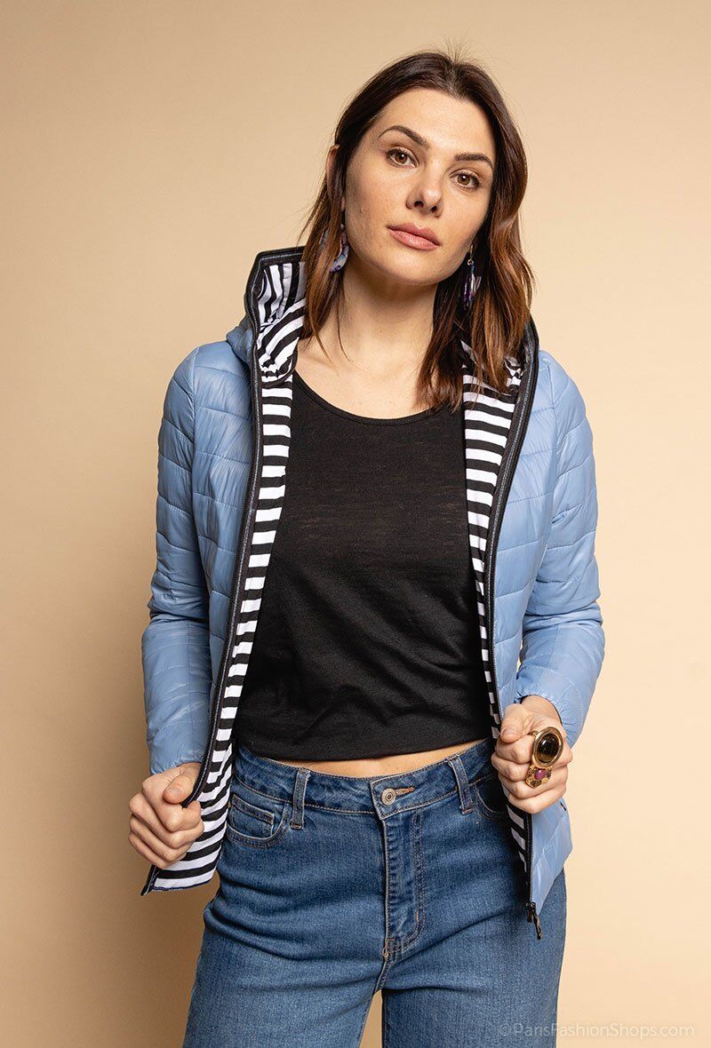 Wholesaler Attrait Paris - Hooded down jacket, striped print interior
