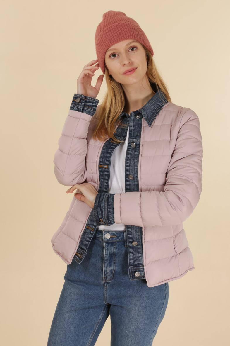 Grossiste Attrait Outlet - Doudoune uni courte  bi-matière jean avec col chemise