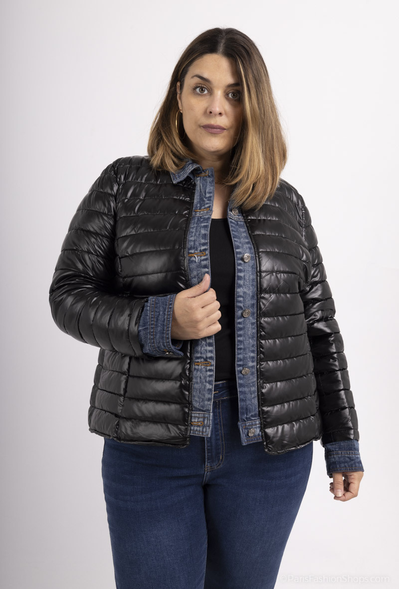 Grossista Attrait Paris - Giacca di jeans bimateriale imbottita con colletto da camicia taglia grande
