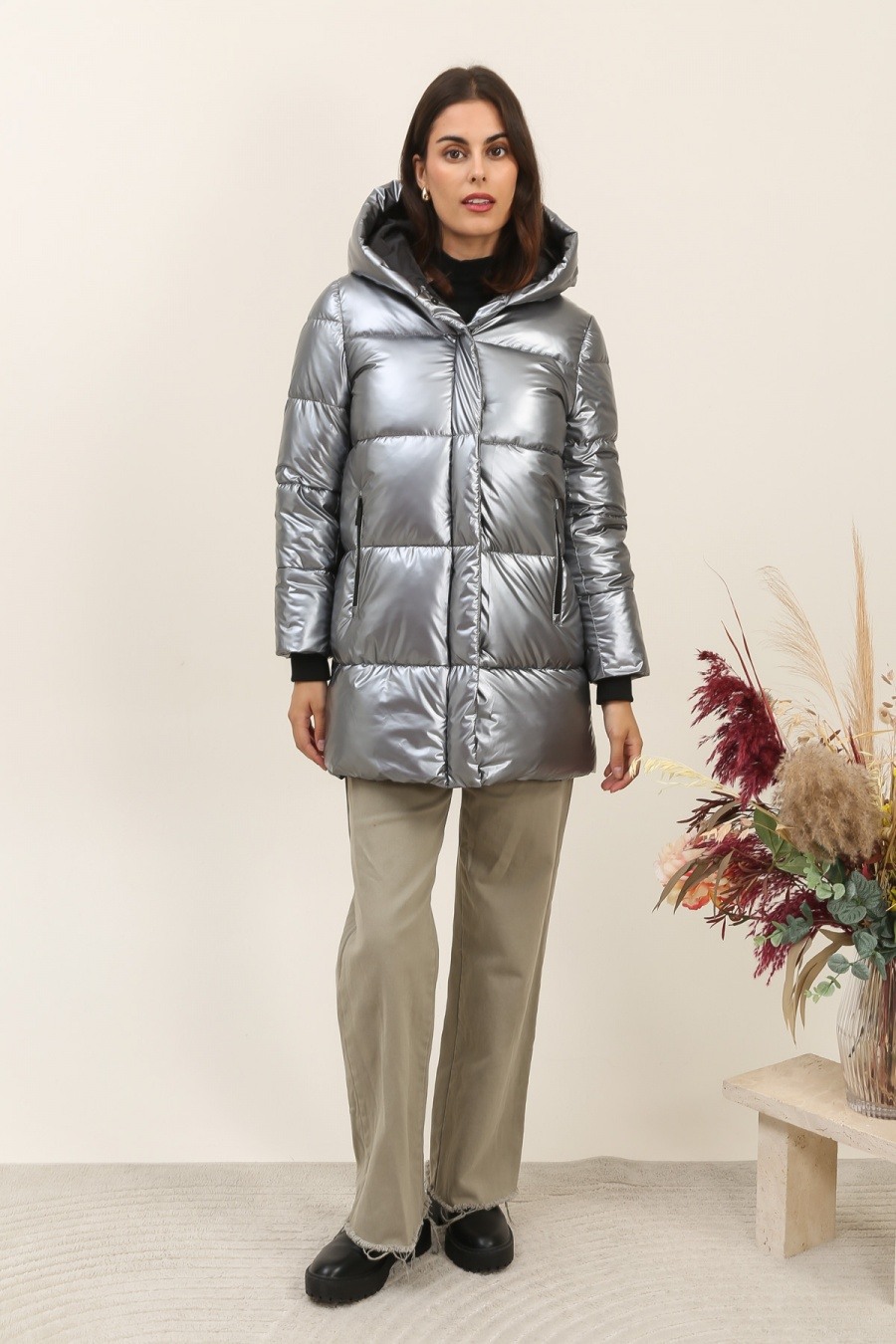 Wholesaler Attrait Paris - Mid-length metallic puffer jacket with enveloping hood