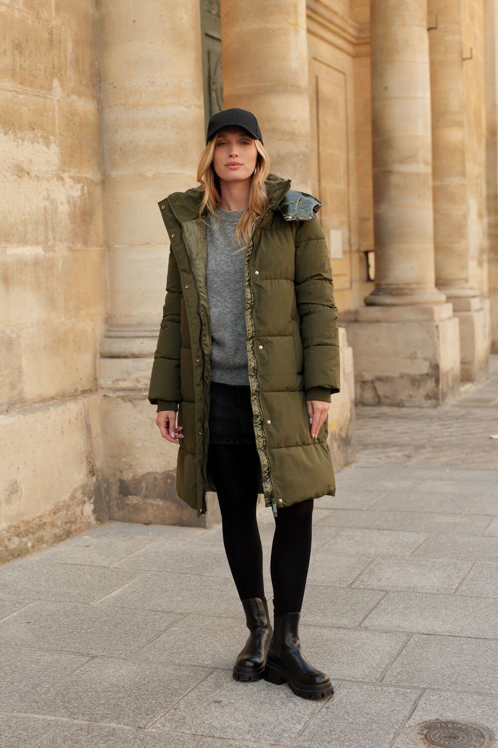 Wholesaler Attrait Paris - Long matte fabric puffer coat with a shiny metallic removable hood