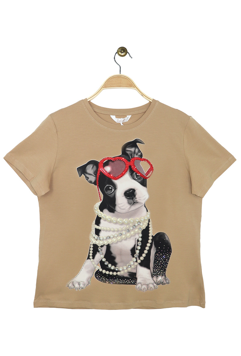 Grossiste Attrait Paris - T-shirt en coton imprimé avec visuel relief dog colliers perles