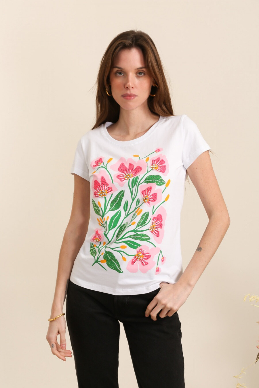 Mayorista Attrait Paris - Camiseta de algodón con ilustraciones de flores.