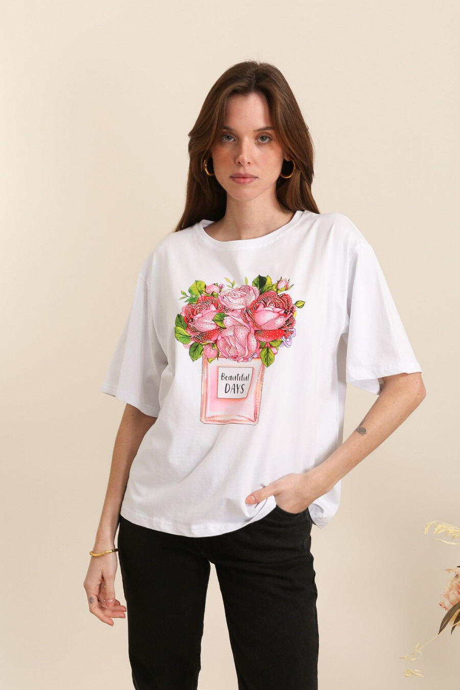 Mayorista Attrait Paris - Camiseta de algodón con estampado de ramo de rosas
