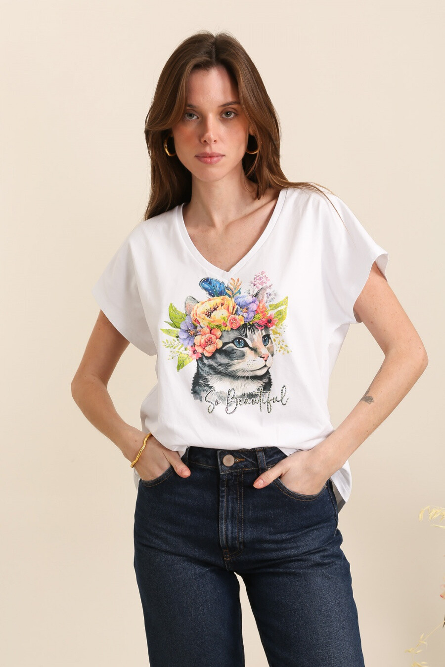 Mayorista Attrait Paris - Camiseta de algodón con estampado de gatos