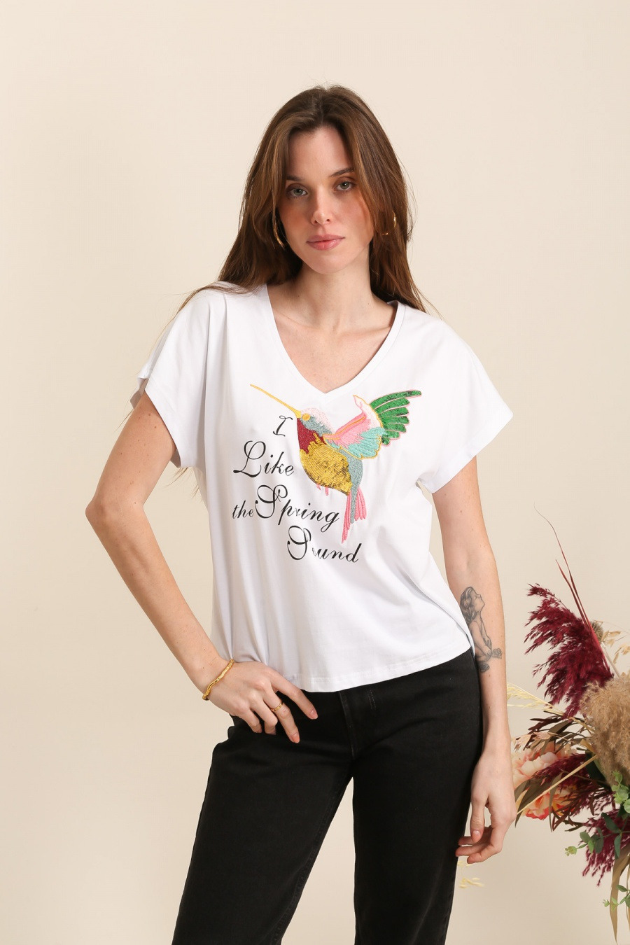 Wholesaler Attrait Outlet - Sequin bird print cotton T-shirt