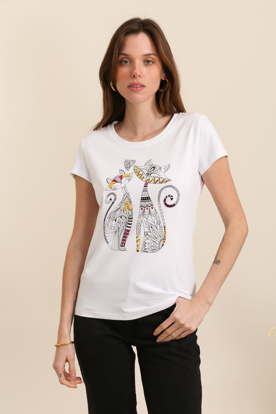 Mayorista Attrait Paris - Camiseta de algodón con estampado de gato mandala