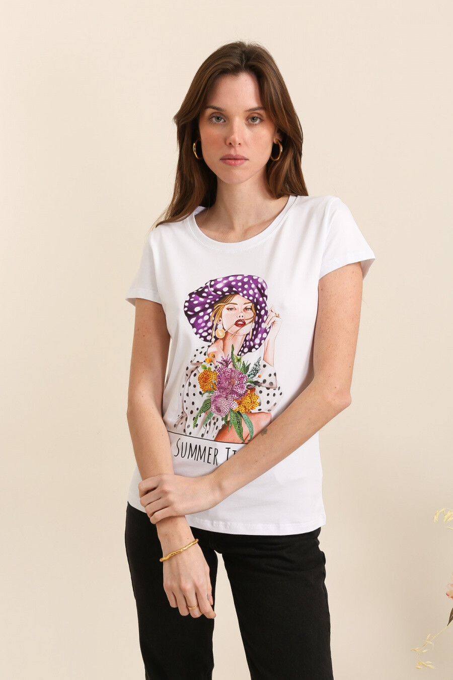 Mayorista Attrait Paris - Camiseta de mujer de algodón estampada en relieve