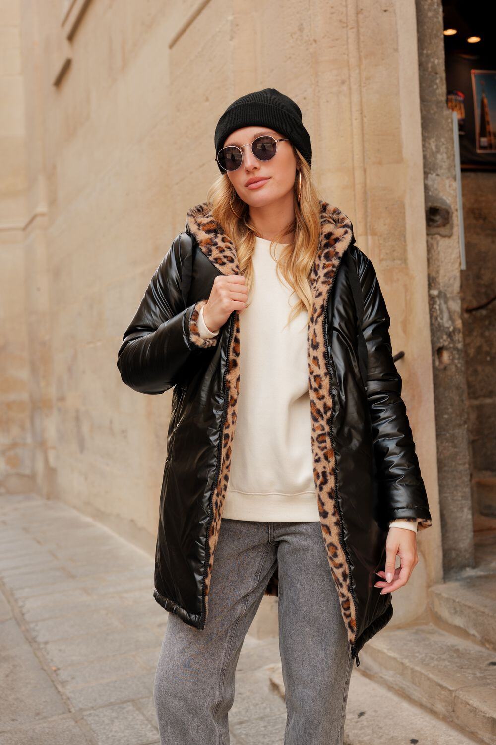Grossiste Attrait Paris - Coupe-vent réversible métal fourrure léopard