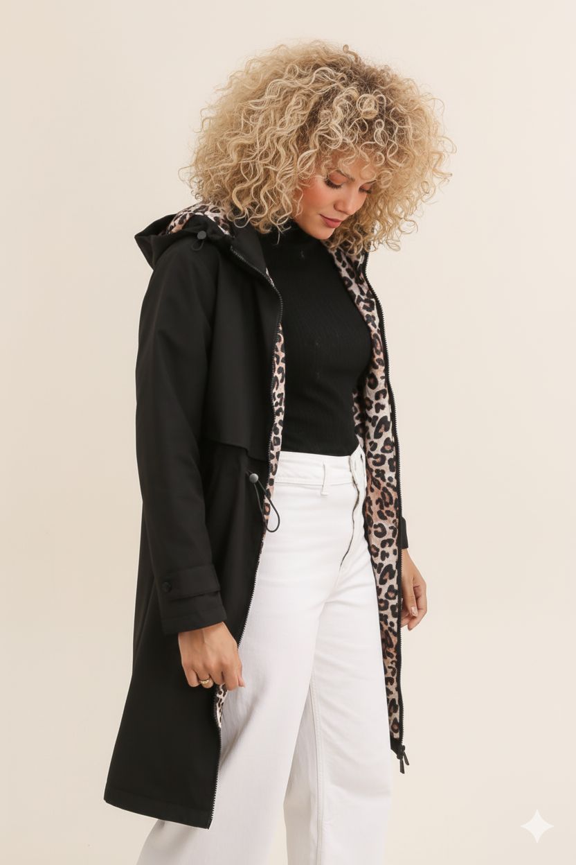 Grossiste Attrait Paris - Veste imperméable à capuche long avec doublure léopard Grossiste Attrait Paris - Veste imperméable à capuche long avec doublure léopard