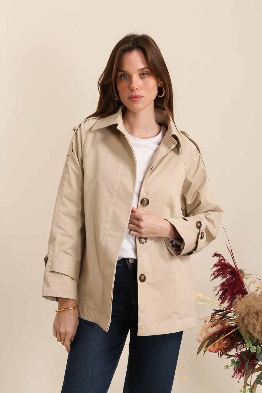 Mayorista Attrait Paris - Gabardina corta de vuelo con forro de leopardo