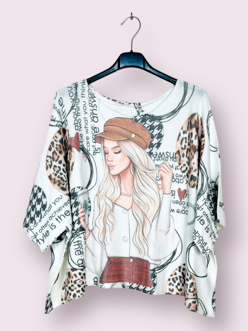 Wholesaler AUBERJINE - Poncho sweater with pattern, 3/4 batwing sleeve