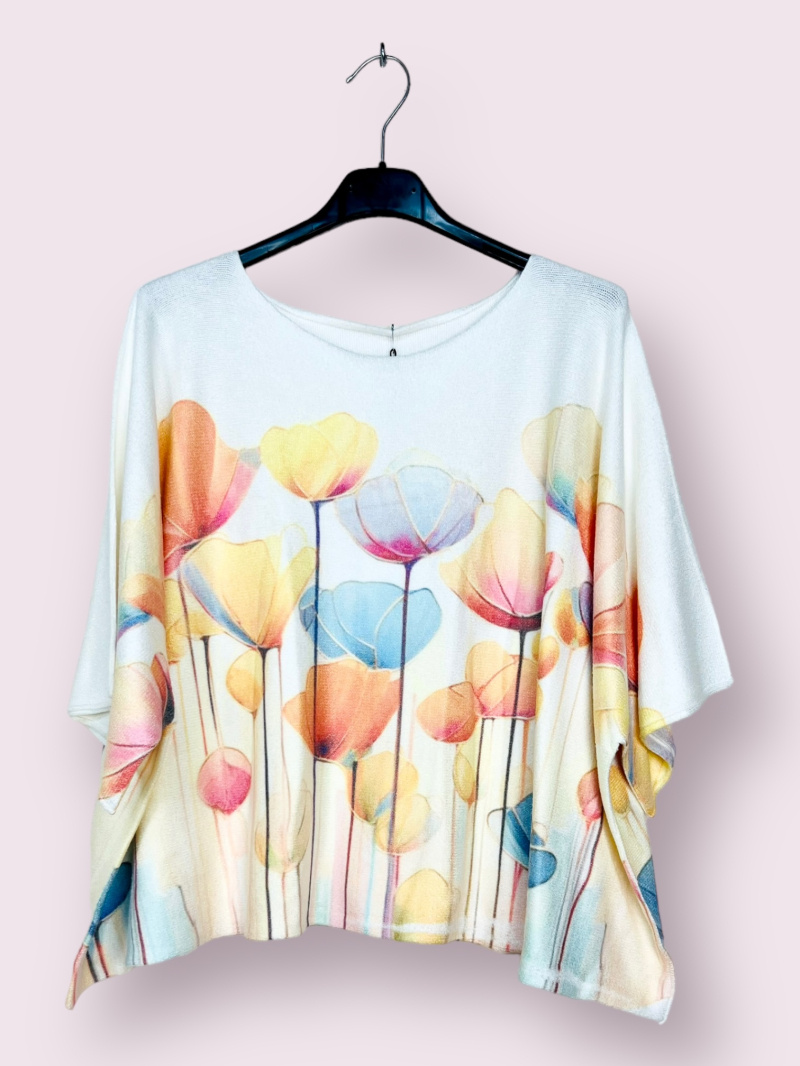 Wholesaler AUBERJINE - Poncho sweater with pattern, 3/4 batwing sleeve