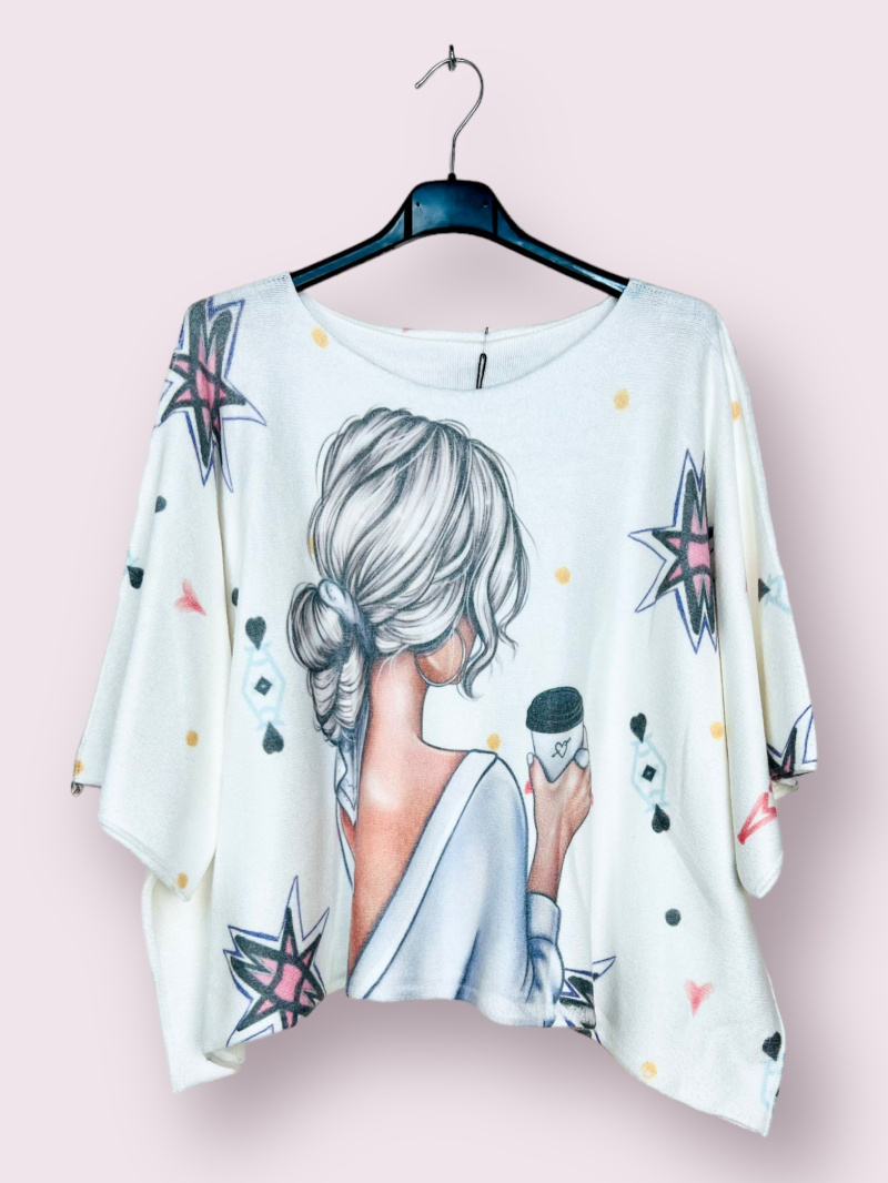 Wholesaler AUBERJINE - Poncho sweater with pattern, 3/4 batwing sleeve