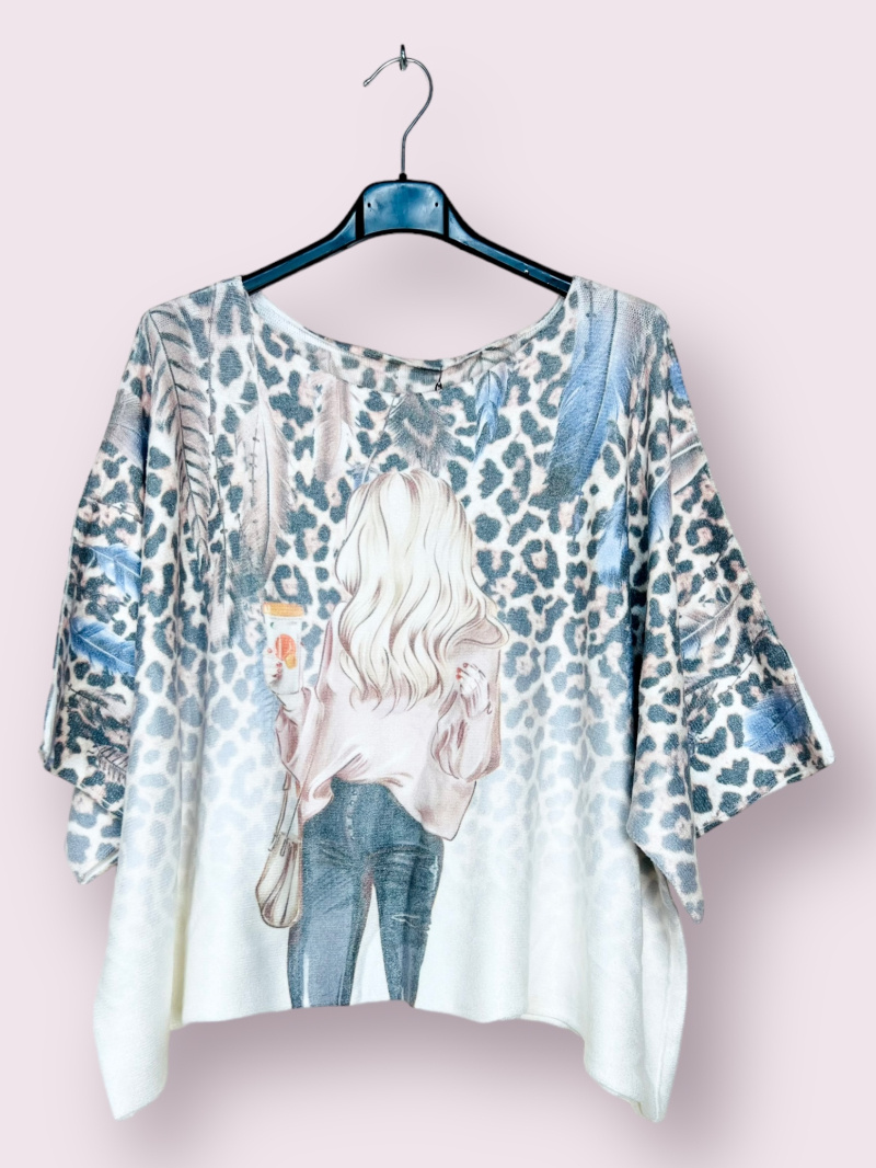 Wholesaler AUBERJINE - Poncho sweater with pattern, 3/4 batwing sleeve