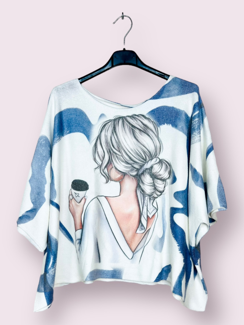 Wholesaler AUBERJINE - Poncho sweater with pattern, 3/4 batwing sleeve