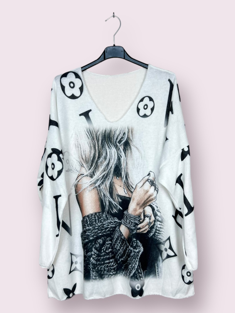 Wholesaler AUBERJINE - Soft sweater with patterns, V-neck