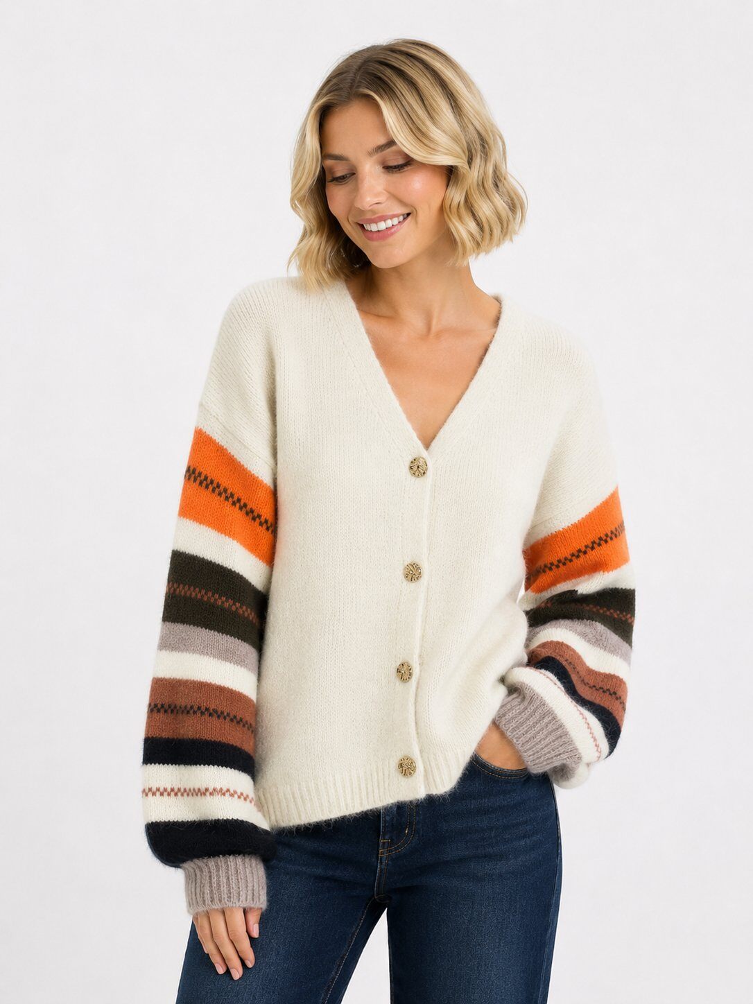 Grossiste Audrey - Cardigan Oversize à Manches Multicolores AP168 BEIGE