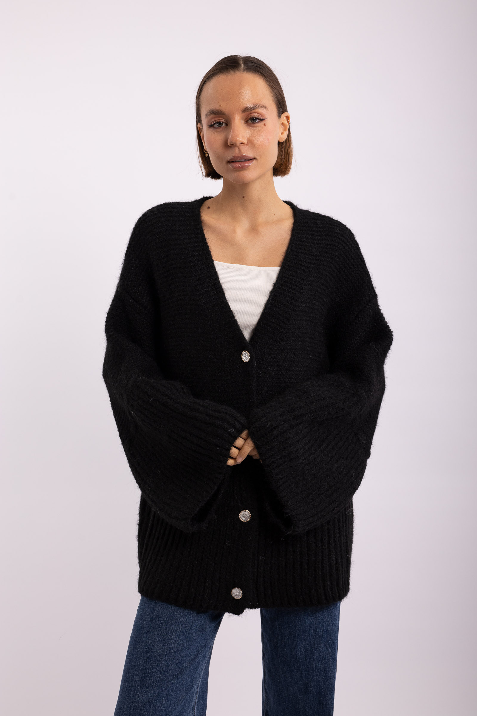 Grossista Audrey - Cardigan oversize in lana a maglia a coste AP146 – Taglia unica