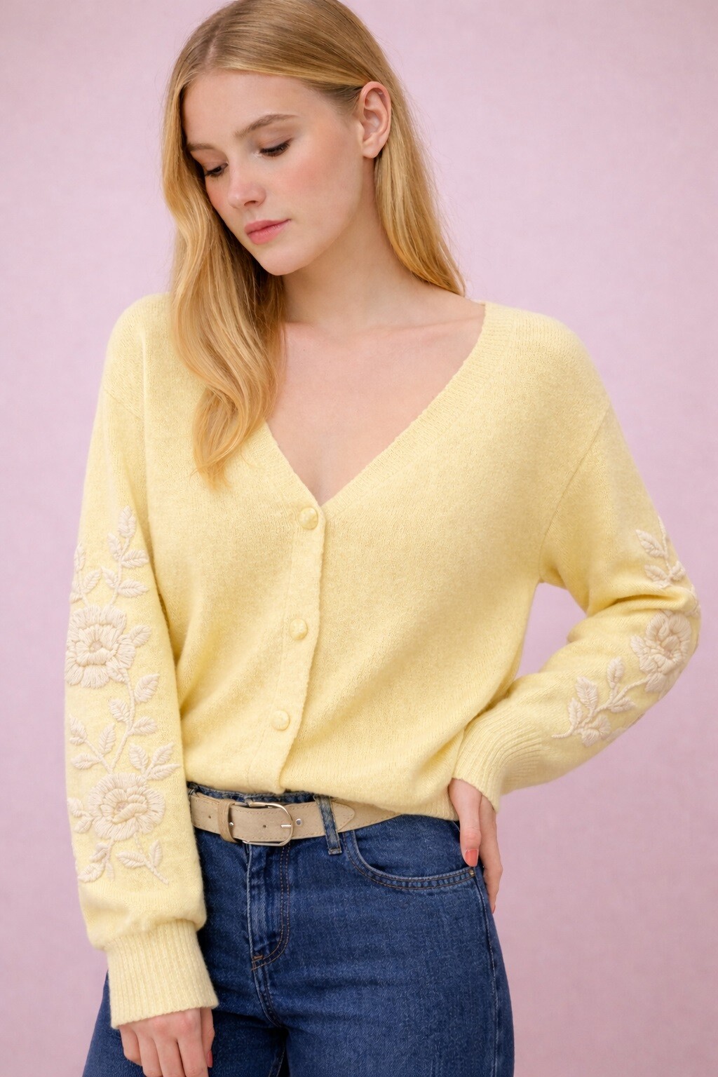 Grossista Audrey - Cardigan Ricamato Floreale AP161 GIALLO