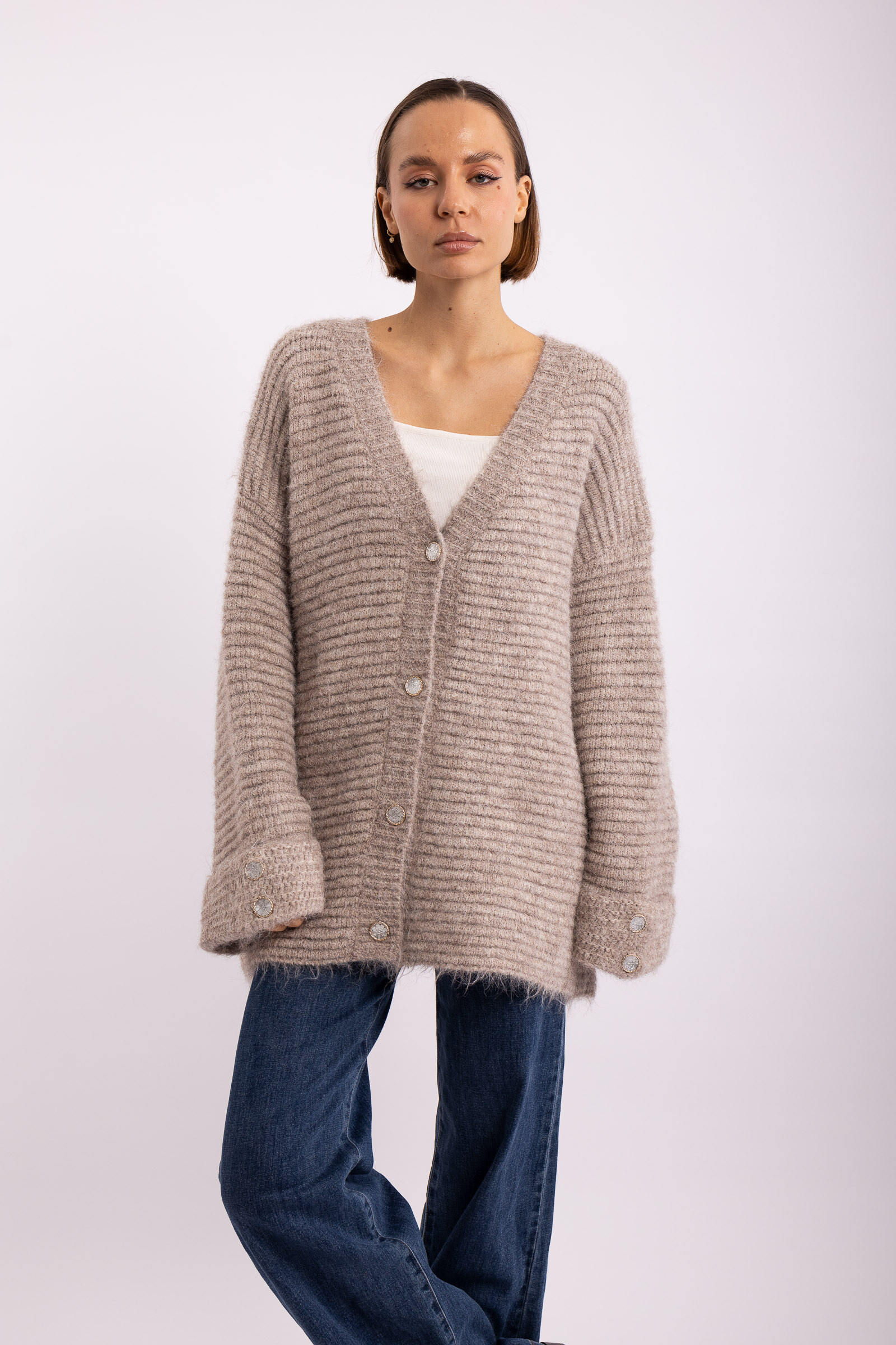 Grossista Audrey - Cardigan oversize in lana a maglia a coste AP143 – Comfort e stile