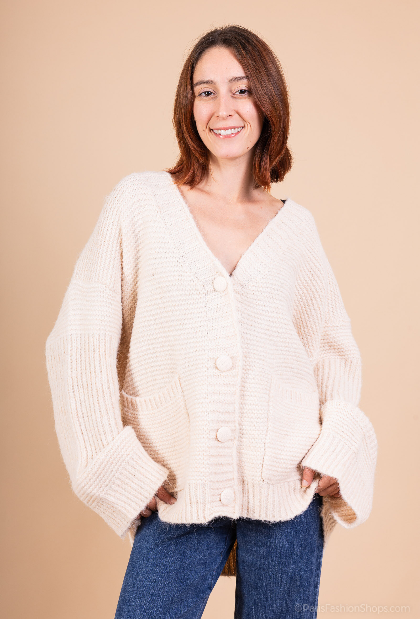 Grossista Audrey - Cardigan oversize da donna in lana a maglia a coste AP145