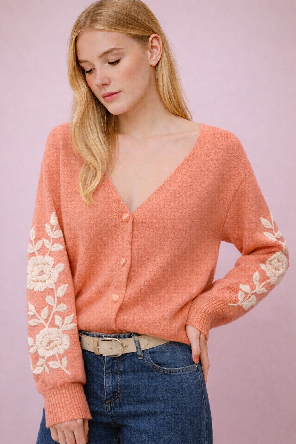 Grossista Audrey - Cardigan Ricamato Floreale AP161 ARANCIONE