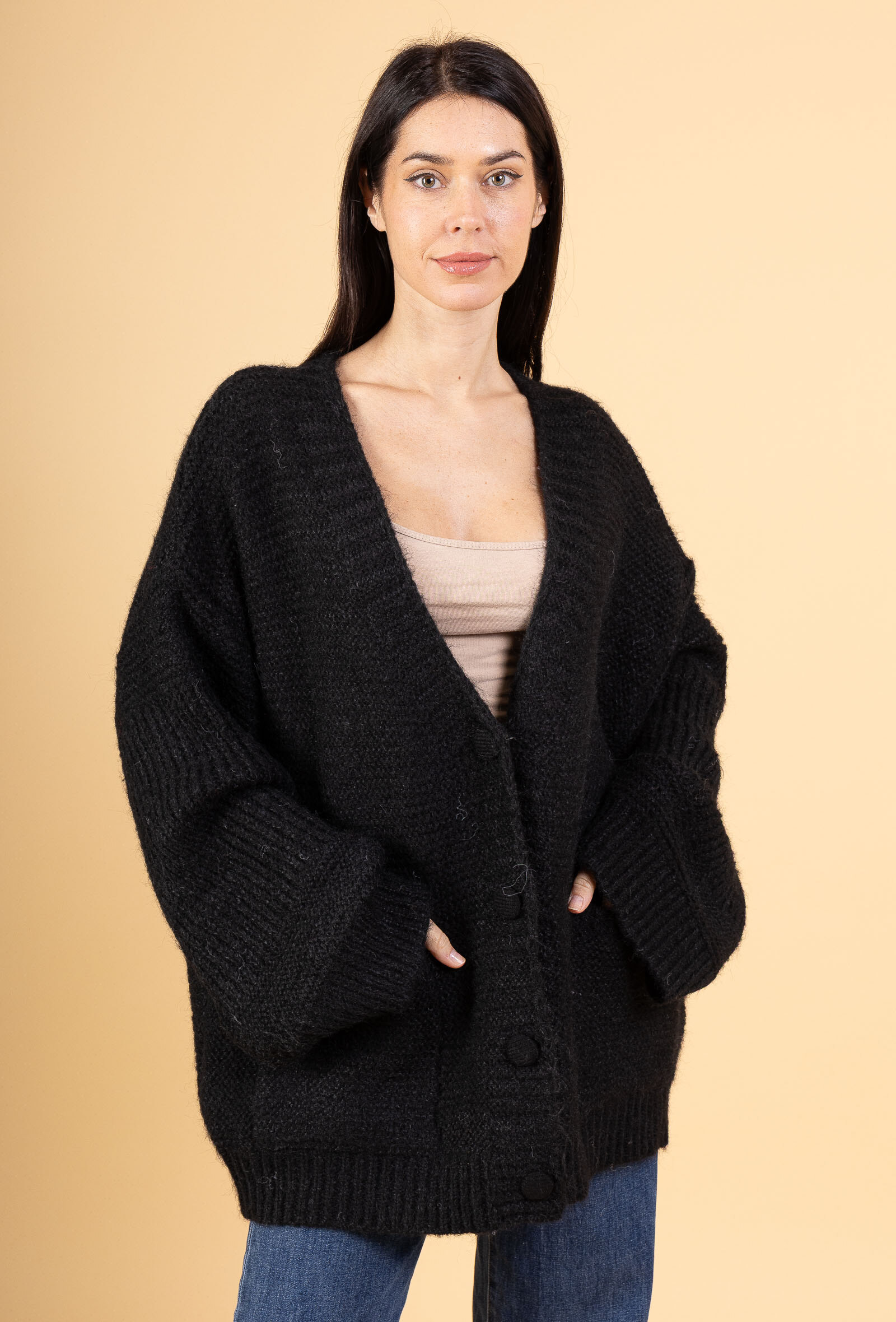 Grossista Audrey - Cardigan oversize da donna in lana a maglia a coste AP145