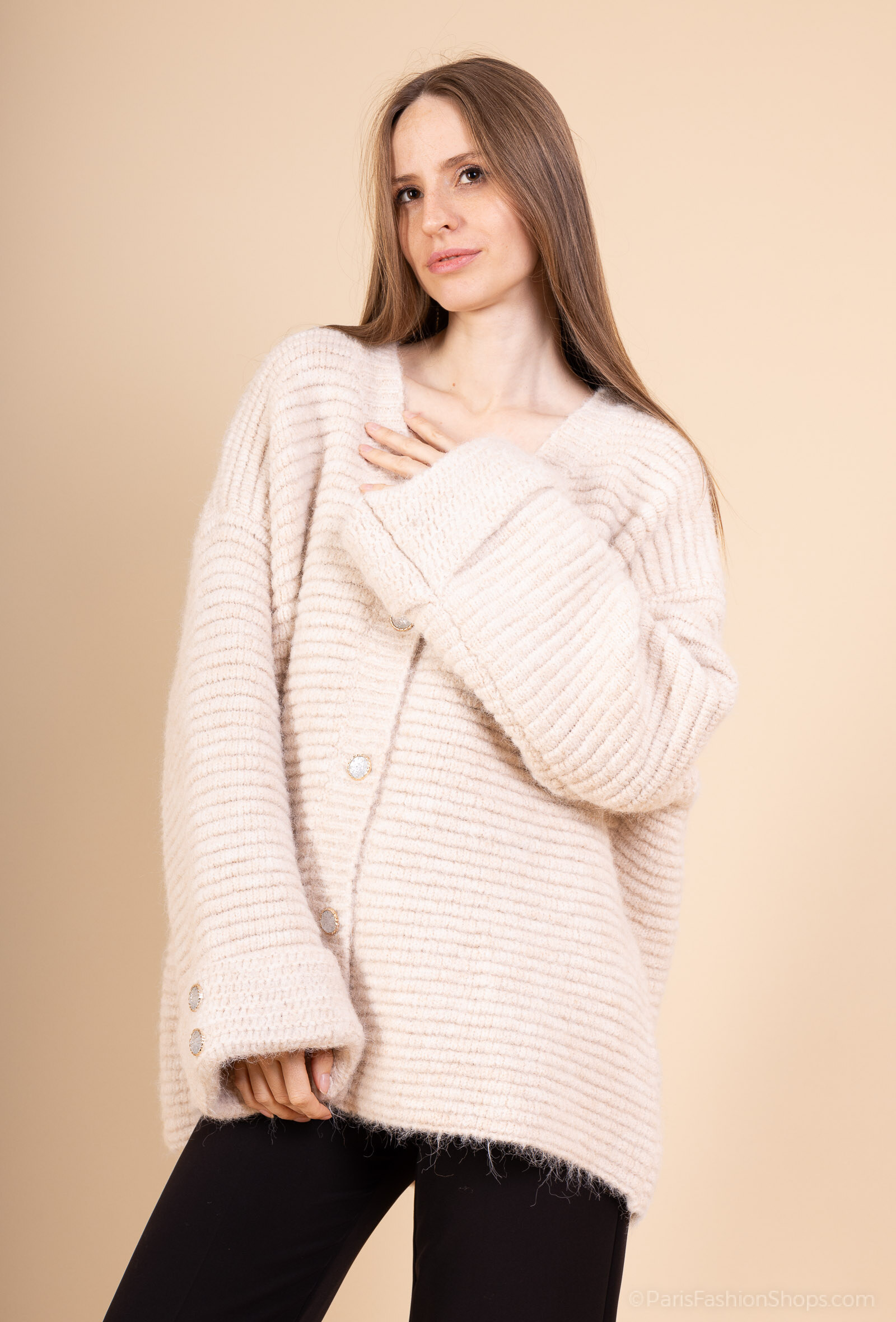 Grossista Audrey - Cardigan oversize in lana a maglia a coste AP143 – Comfort e stile
