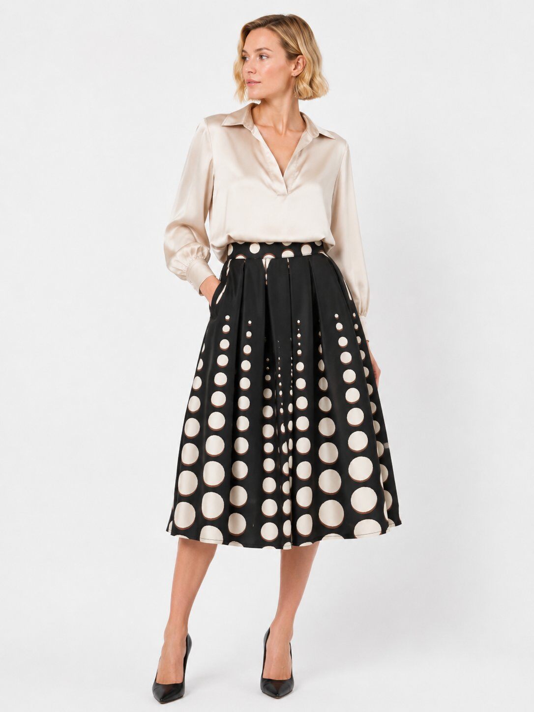 Grossista Audrey - Gonna midi plissettata con stampa a pois