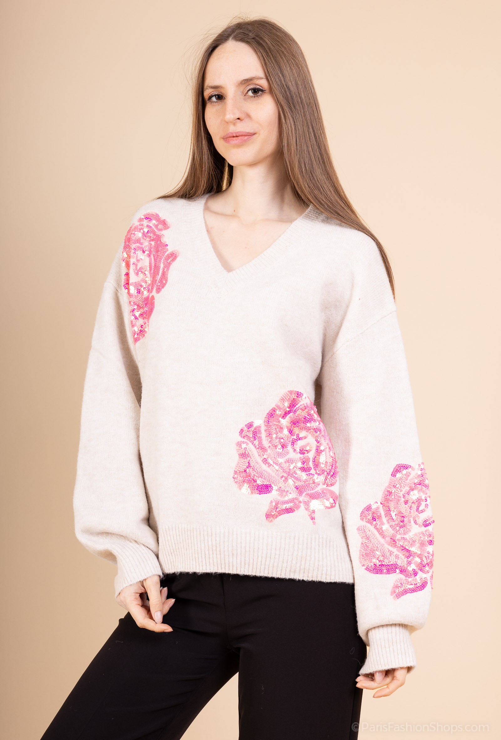 Wholesaler Audrey - Oversized wool sweater with sequin flowers