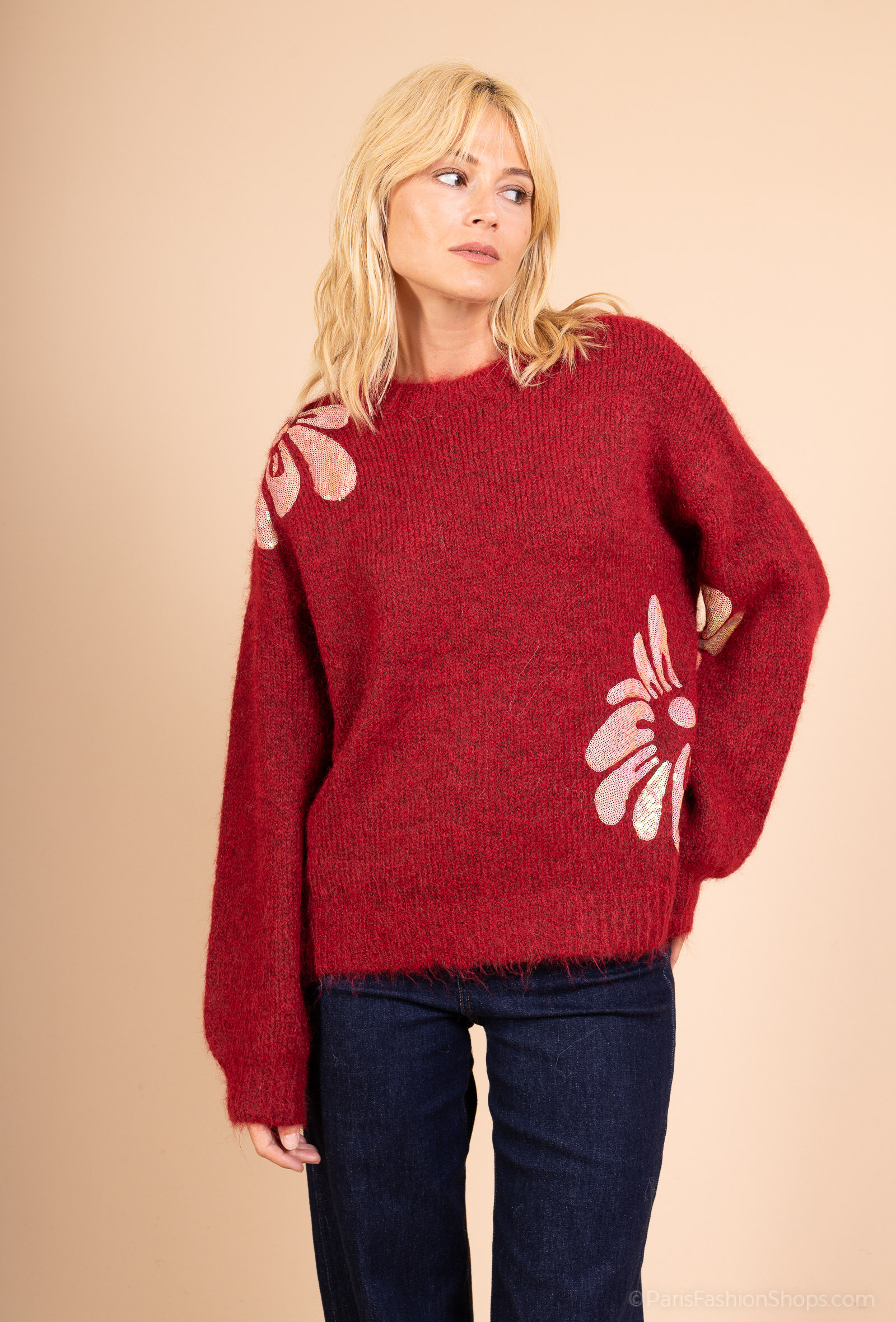 Mayorista Audrey - Jersey de lana oversize en punto esponjoso con apliques de lentejuelas – Audacia y feminidad asumida