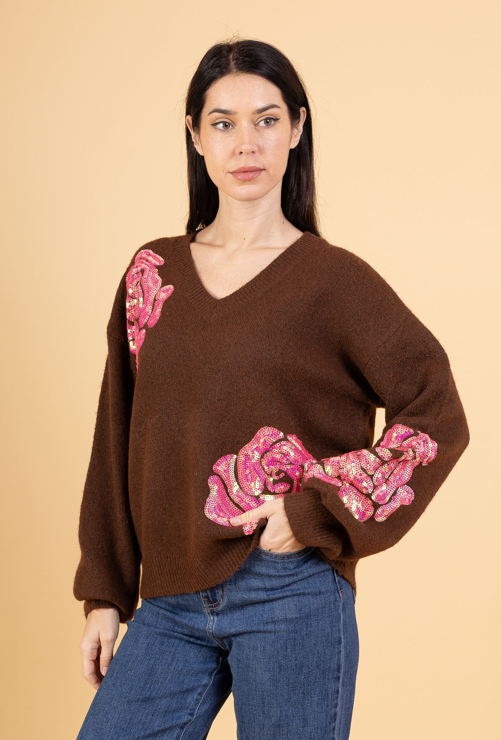 Mayorista Audrey - Jersey de lana oversize con flores de lentejuelas