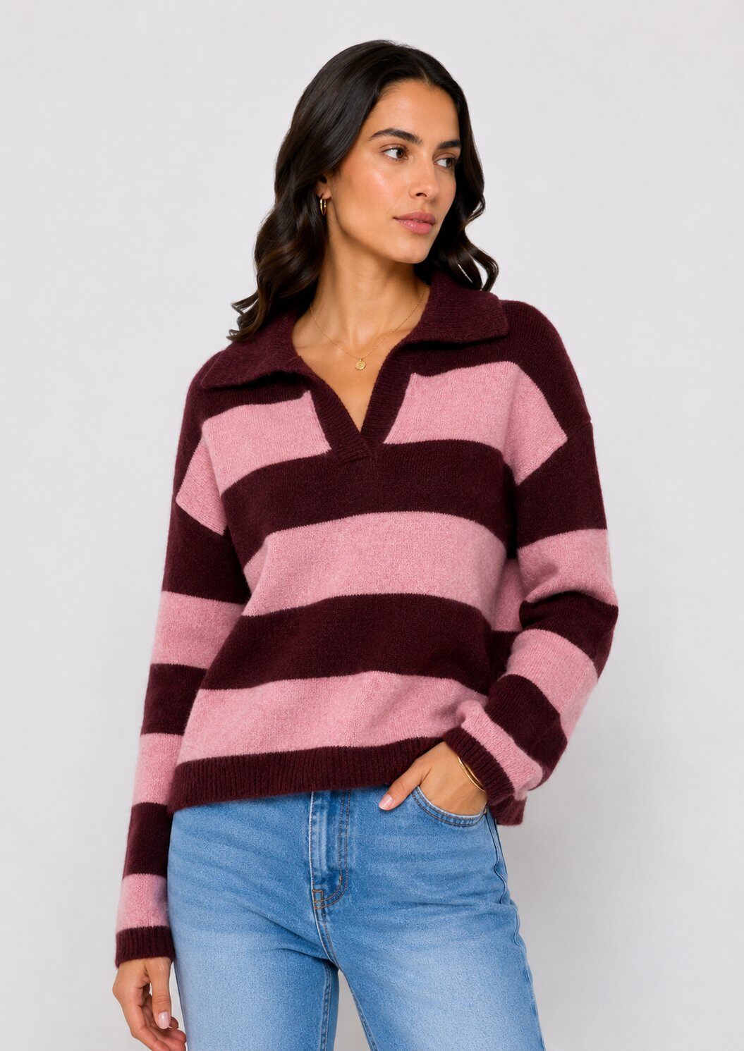 Grossiste Audrey - Pull Maille Rayée Col Polo