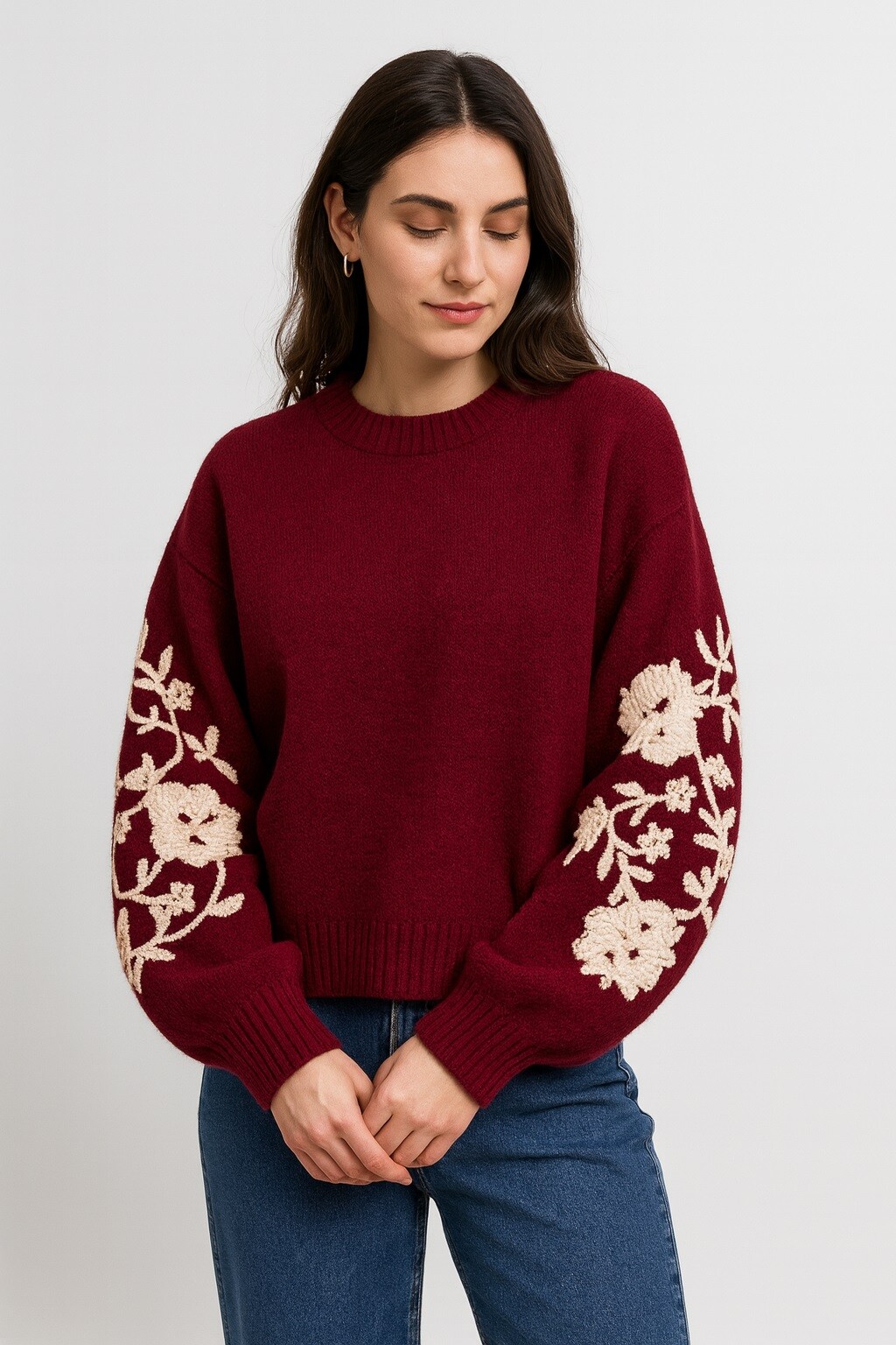 Mayorista Audrey - Jersey Oversize Bordado Floral AP162 BORDEAUX