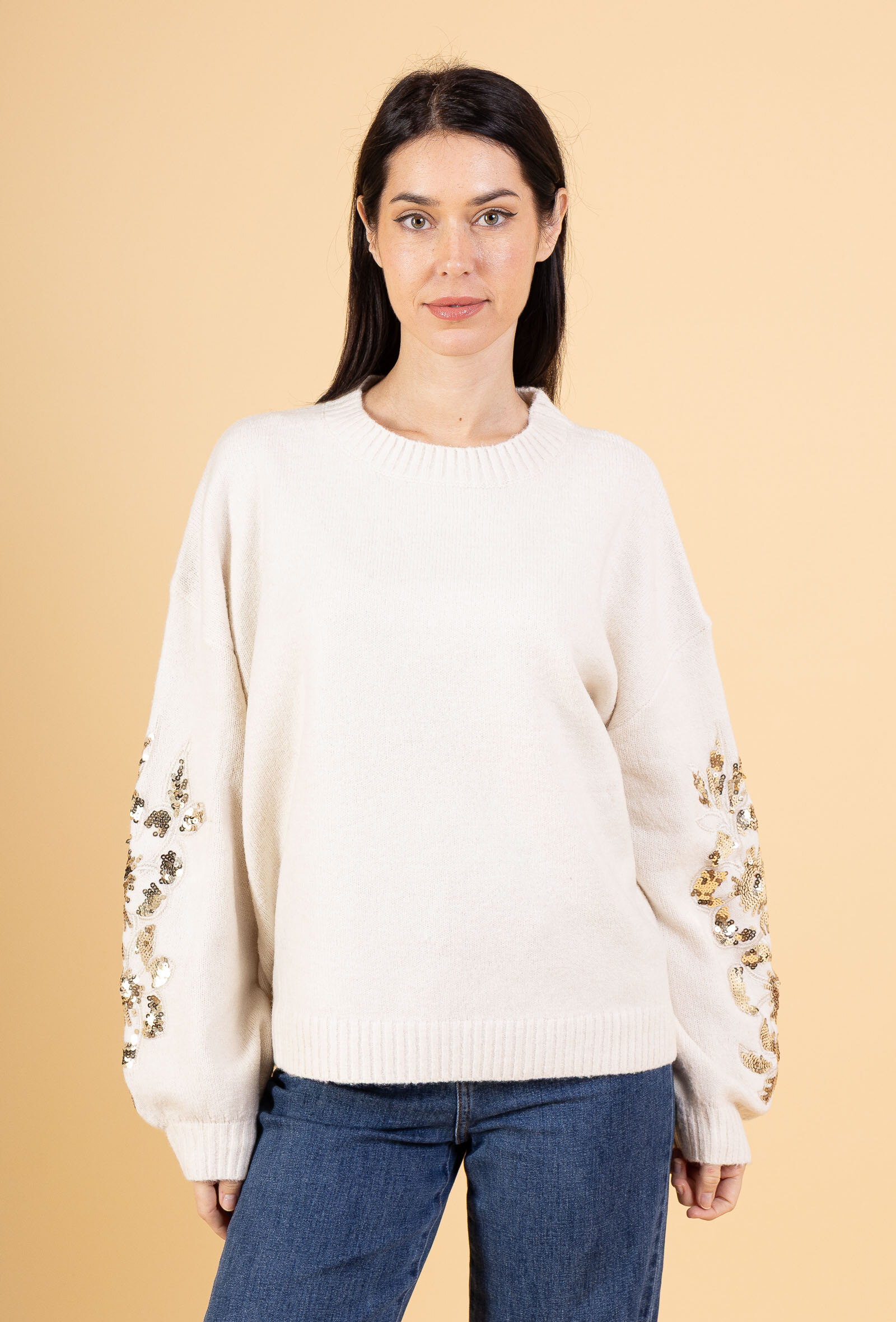 Grossista Audrey - Maglione oversize con collo rotondo – Maniche ricamate con paillettes floreali