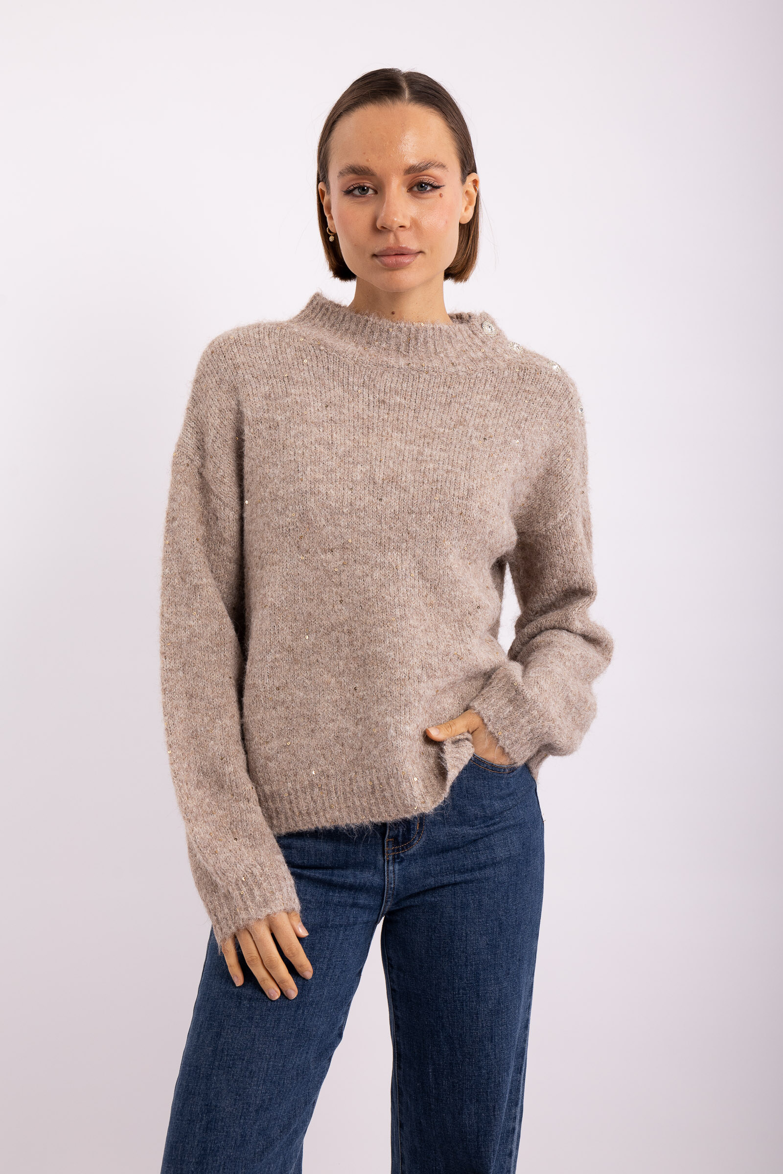 Großhändler Audrey - Damen-Wollpullover mit Pailletten und Schmuckknöpfen AP119