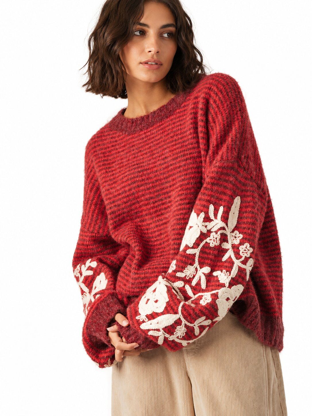 Wholesaler Audrey - Striped crew neck sweater with floral embroidery AUDREY