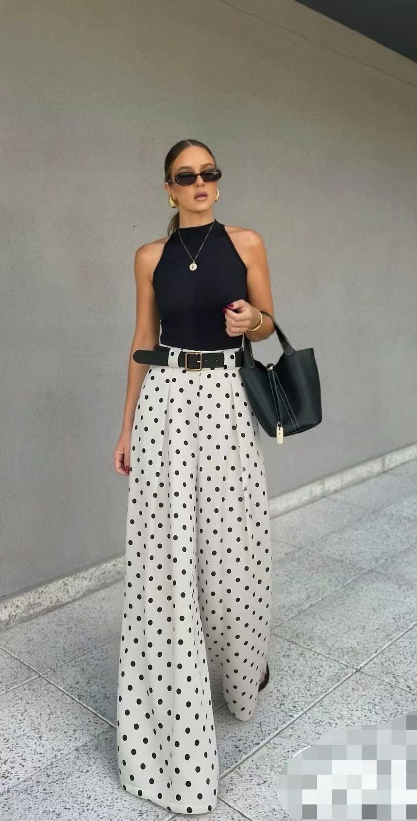 Grossiste B-CHIC - Pantalon large à pois avec ceinture