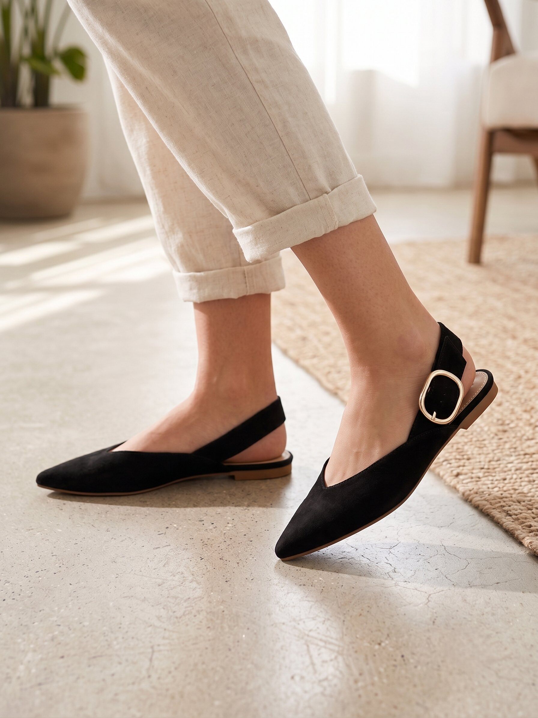 Wholesaler BEAVITA SHOES - Pointed toe ballet flats in soft suede. Enhanced with a side gold buckle, they are versatile and comfortable for leisure time.